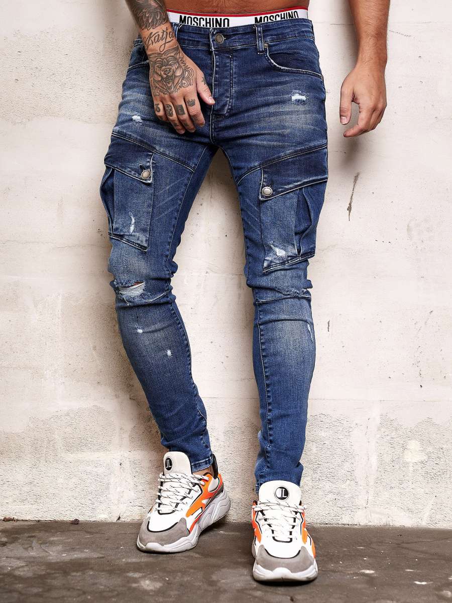 Cargohose Herren – Stretch Jeans Mit Patchwork-Design, Gerade Beine, Elastische Taille, Bunt & Bequem